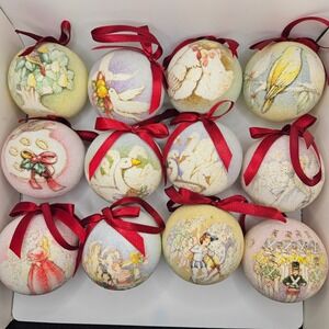 Vintage 12 Days of Christmas Sugar Ball Ornaments in Decorative Hexagon Box